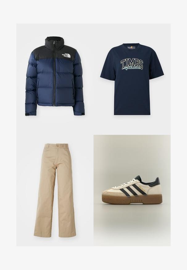 Marineblauwe pufferjack met zwarte capuchon en schouders, voorzien van een rits aan de voorkant, gestikt patroon en logo op de linkerborst.; Navyblauwe katoenen T-shirt met een ontspannen pasvorm. Kenmerkt zich door een grafisch ontwerp met "TIMBS Authentic" in contrasterende kleuren. Korte mouwen, ronde hals.; Beige wijde broek van katoen, met een knoopsluiting en riemlussen, met een gladde textuur en een nette afwerking.; Witte Adidas sneaker met zwarte strepen, beige suède neus, bruine zool en "SPEZIAL" in gouden letters aan de zijkant.