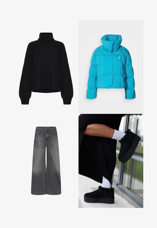 Afskåret pufferjakke i lys blå, lavet af blankt materiale. Har en høj krave, knaplukning og quiltet design med store kvadrater.; Sort turtleneck sweater med et cropped design, lavet af fluffy stof. Har brede ærmer og en ribbet tekstur ved kraven.; Højtaljede, vide sorte denimjeans med forlommer, bæltestropper og falmede detaljer på lår og knæ.; Sorte suede ankelstøvler med flad sål, med en bageste træksløjfe, båret med hvide ankelstrømper mod en minimalistisk baggrund.