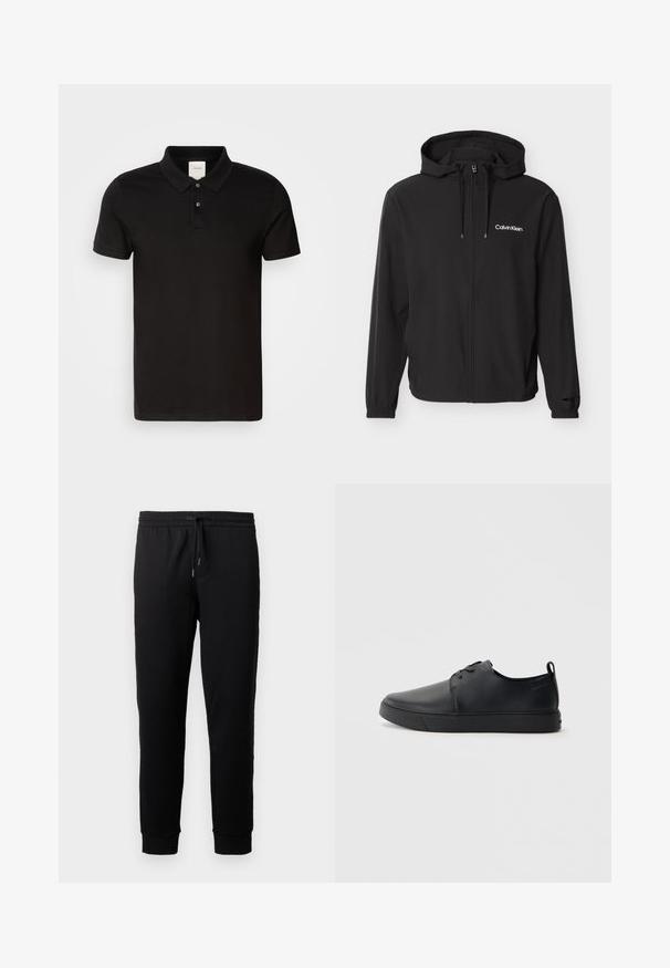 Sort lynlåstrøje med hætte og snore, elastiske manchetter og hvidt "Calvin Klein"-logo på venstre bryst.; Sort polo skjorte lavet af glat stof med krave i klassisk stil. Har to knapper ved halsen, korte ærmer og et diskret logo på brystet.; Sorte joggingbukser lavet af blødt stof med elastisk livvidde og snøre. Har tapered ben med ribbede manchetter.; Sorte lædersneakers med en glat finish, rund tå, tonalt syning, snøring foran og en flad gummisål. Løkke ved hælen.