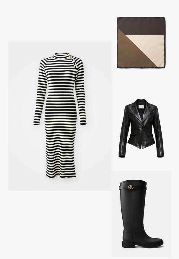 Blazer i sort læder har en skræddersyet pasform, skarpe revers, enkelt knaplukning og to frontlommer. Glat tekstur og slankt design.; Stribet langærmet kjole i sort og hvid med et tætsiddende design, høj hals og dekorative knapper på skulderen. Tekstureret strikstof.; Sort knæhøj gummistøvle med lav hæl og en guldfarvet RLL-logo spænde nær toppen på en ensartet lys baggrund.; Kvadratisk tørklæde med farveblokdesign i mørkebrun, beige og lysebrun, med sort kant og "VIVISENCE"-logo i hjørnet.