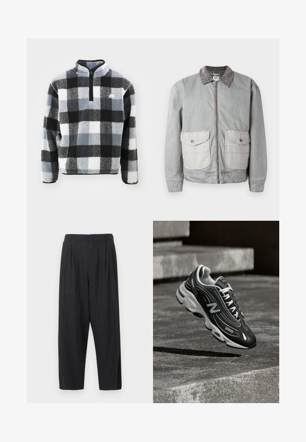 Grå denimjakke med et kordfløjlskrave, to store forlommer og en lynlåsåbning. Har en kontrasterende lysere stof til lommerne.; Fleece pullover med halvlukning, der har et sort, hvidt og gråt rutig mønster, tekstureret overflade og lille logo på brystet.; Sorte bukser med høj talje og vide ben, med læg, knaplukning og bæltestropper, vist på en ensartet lys baggrund.; Sort-hvid New Balance 1000 sneaker med hvide snørebånd, svævende over en ru betonoverflade med stentrapper i baggrunden.
