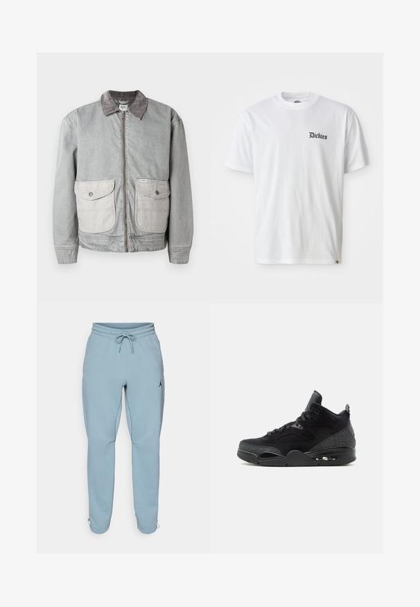 Chaqueta de denim gris con cuello de pana, dos grandes bolsillos frontales y cierre de cremallera. Presenta una tela de bolsillo contrastante más clara.; Camiseta de algodón blanca con mangas cortas y cuello redondo. Presenta el logo negro de "Dickies" impreso en la parte izquierda del pecho.; Pantalones deportivos de un azul claro, confeccionados en una tela suave, con una waistband elástica y cordón, bolsillos laterales y un pequeño logo negro en el muslo.; Zapatilla negra de caña alta con cordones en la parte delantera, paneles laterales estampados, unidad visible de suela de aire y cuello acolchado para el tobillo sobre fondo blanco.