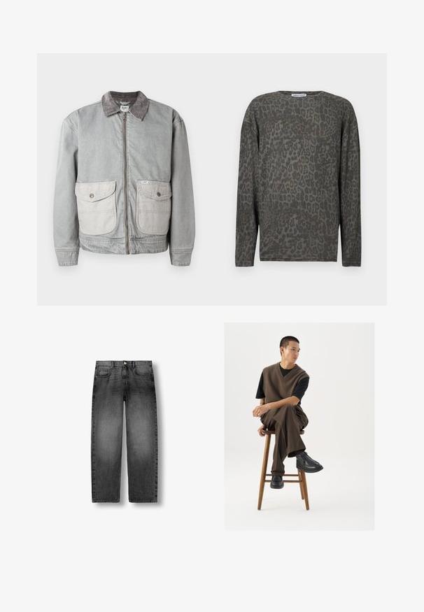 Grå denimjakke med et kordfløjlskrave, to store forlommer og en lynlåsåbning. Har en kontrasterende lysere stof til lommerne.; Langærmet top i et struktureret, letvægtsstof med et leopardmønster i mørkegrøn og grå. Rund halsudskæring og afslappet pasform.; Sorte, falmede, straight-leg denimjeans med knaplukning foran, lynlås og design med fem lommer, vist fladt på en hvid baggrund.; Brun strikket vest over en sort t-shirt, parret med brune vidde bukser og sorte chunky sko, siddende på en træstub.