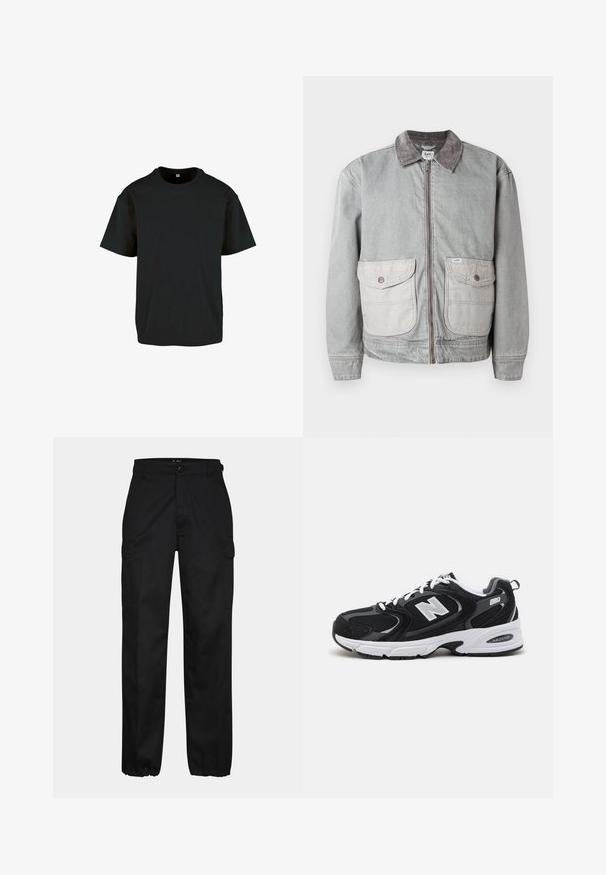Grå denimjakke med et kordfløjlskrave, to store forlommer og en lynlåsåbning. Har en kontrasterende lysere stof til lommerne.; Sort bomulds T-shirt med rund hals og korte ærmer; har en afslappet pasform og en glat, struktureret overflade.; Sorte cargo bukser med lige pasform, der har sidelommer, knaplukning og elastiske manchetter ved anklerne. Fremstillet af slidstærkt stof.; Sorte og grå sportssko med mesh og ruskind på overdelen, der har en hvid mellemsål, snørebånd og et iøjnefaldende "N" logo på siden.