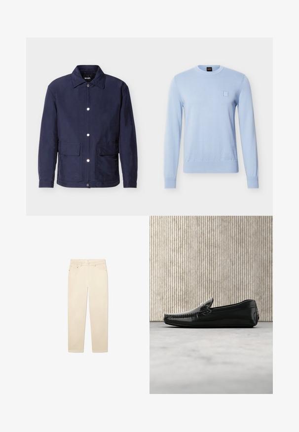 Herrenjacke in Marineblau mit Knopfverschluss, zwei großen Fronttaschen und spitzem Kragen, vor weißem Hintergrund dargestellt.; Hellblauer langärmliger Strickpullover mit Rundhalsausschnitt, gerippten Bündchen und Saum sowie einem kleinen eingenähten Quadrat auf der linken Brust.; Weiße-beige Jeans aus Denim mit geradem Bein, fünf Taschen, einem Knopf- und Reißverschluss sowie dezenten Nähten.; Schwarze Lederloafers mit glänzender Oberfläche, runder Zehenpartie und dekorativem Metallbesatz an der Front. Flache Gummisohle. Glatte Textur.