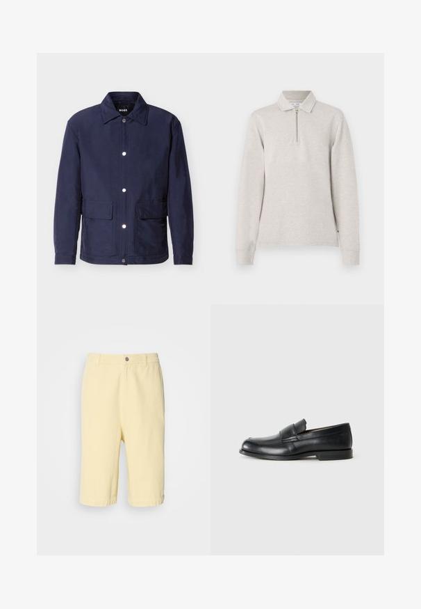 Heren jack in marineblauw met knoopsluiting, twee grote voorzakken en een puntige kraag, getoond tegen een witte achtergrond.; Lichtgrijze poloshirt met lange mouwen, een half-rits hals, kraagontwerp en manchetten, gemaakt van een zachte textuurstof.; Geel katoenen shorts met een rechte snit, voorzien van een knoopsluiting aan de voorkant en een opgerolde zoom. Soepele textuur, casual ontwerp.; Zwarte leren instappers met een ronde neus, gestikte details en een vlakke rubberen zool. Heeft een brede band over de wreef.