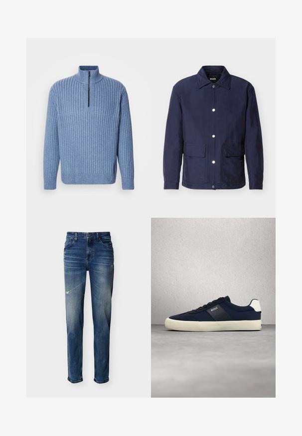 Herrenjacke in Marineblau mit Knopfverschluss, zwei großen Fronttaschen und spitzem Kragen, vor weißem Hintergrund dargestellt.; Hellblau gestrickter Pullover mit Rippenstruktur, Stehkragen und teilweisem Reißverschluss am Hals; verfügt über lange Ärmel und einen geraden Saum.; Blaue Jeans aus Denim mit leichter Ausbleichung und Used-Effekten, Fünf-Taschen-Stil, gerade Beinform, Knopf- und Reißverschluss.; Marineblaue BOSS-Sneaker mit weißer Sohle und Fersendetail, schwarzen Schnürsenkeln, schwebend vor einem Hintergrund aus grauem Boden und Glaswand.
