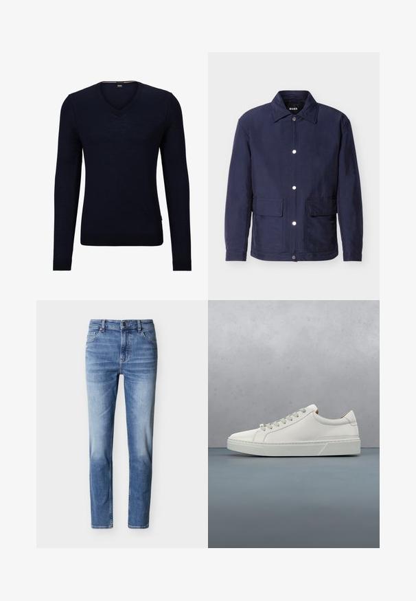 Veste pour homme bleu marine avec fermeture à boutons, deux grandes poches avant, et un col pointu, présentée sur un fond blanc.; Pull-over en V bleu marine en tricot doux, avec des manches longues et des poignets et un ourlet côtelés. Comprend une étiquette avec le logo de la marque à l'intérieur de l'encolure.; Jean en denim bleu clair avec une coupe droite, des détails délavés, cinq poches, une fermeture à bouton en métal et des passants pour ceinture.; Baskets en cuir blanc avec un bout arrondi, design minimaliste, lacets gris et semelle en caoutchouc gris texturé. Détails de couture subtils visibles.