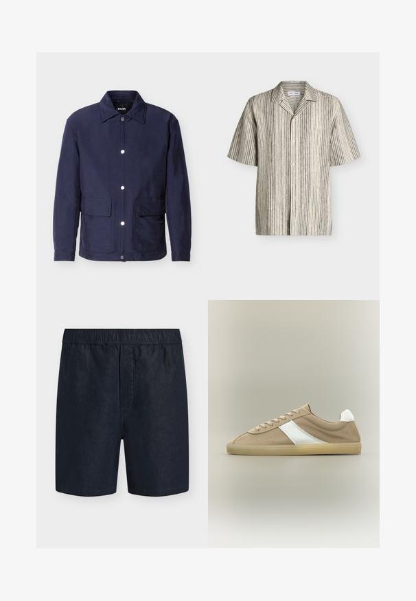 Veste pour homme bleu marine avec fermeture à boutons, deux grandes poches avant, et un col pointu, présentée sur un fond blanc.; Chemise à manches courtes avec boutons, base beige et fines rayures verticales noires, avec col spread et coupe décontractée.; Shorts pour homme bleu marine avec taille élastique et sans poches visibles, présentés sur un fond clair uni.; Baskets en daim marron clair avec semelle beige, languette de talon blanche, bande latérale blanche et fermeture à lacets sur fond neutre.