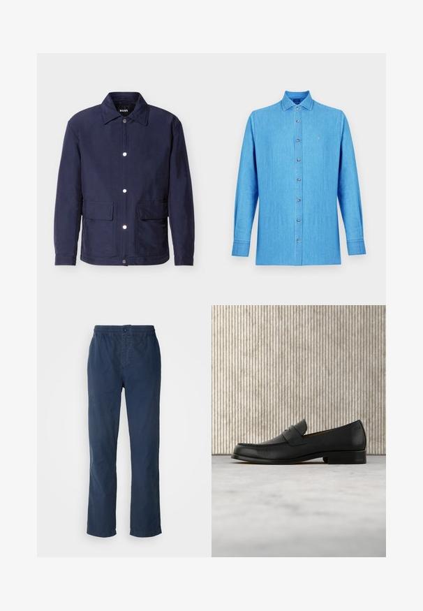 Chaqueta azul marino para hombre con cierre de botones, dos grandes bolsillos delanteros y cuello puntiagudo, exhibida sobre un fondo blanco.; Camisa azul claro de mezclilla con botones. Presenta un cuello clásico, mangas largas y un pequeño logo bordado en el pecho.; Pantalones azul marino con cinturilla elástica y cierre de botón, diseño de pierna recta, confeccionados en tejido ligero y suave, sin patrones visibles.; Zapato mocasín de cuero negro flotando sobre una alfombra beige con una mesa redonda marrón brillante al fondo.