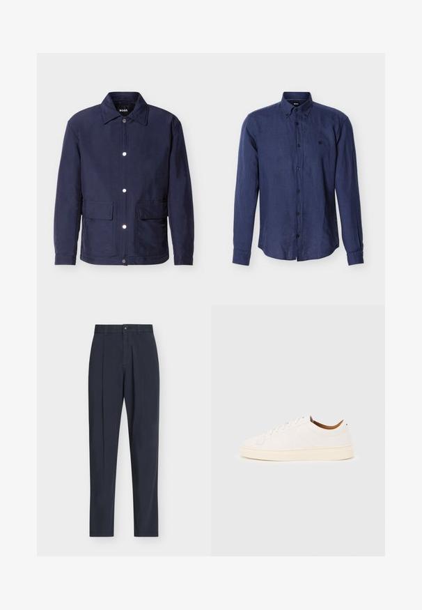 Veste pour homme bleu marine avec fermeture à boutons, deux grandes poches avant, et un col pointu, présentée sur un fond blanc.; Chemise boutonnée bleu marine à manches longues avec col boutonné et petit logo brodé sur le côté gauche de la poitrine.; Pantalon bleu marine ajusté avec plis à l'avant, passants de ceinture, braguette zippée et fermeture par bouton sur fond blanc uni.; Baskets blanches basses avec un design à lacets, des détails de couture minimalistes, et une semelle couleur crème sur un fond gris clair.