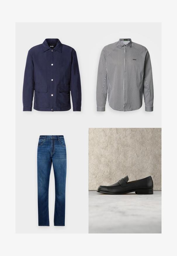 Heren jack in marineblauw met knoopsluiting, twee grote voorzakken en een puntige kraag, getoond tegen een witte achtergrond.; Gestreept overhemdd in zwart en wit, met een klassieke kraag, lange mouwen en subtiele logo-borduring op de borst.; Blauwe rechte denim jeans met vijf zakken, riemlussen en knoopsluiting, weergegeven tegen een witte achtergrond.; Zwarte leren loafer zweeft boven een beige tapijt met op de achtergrond een glanzende, ronde, bruine tafel.
