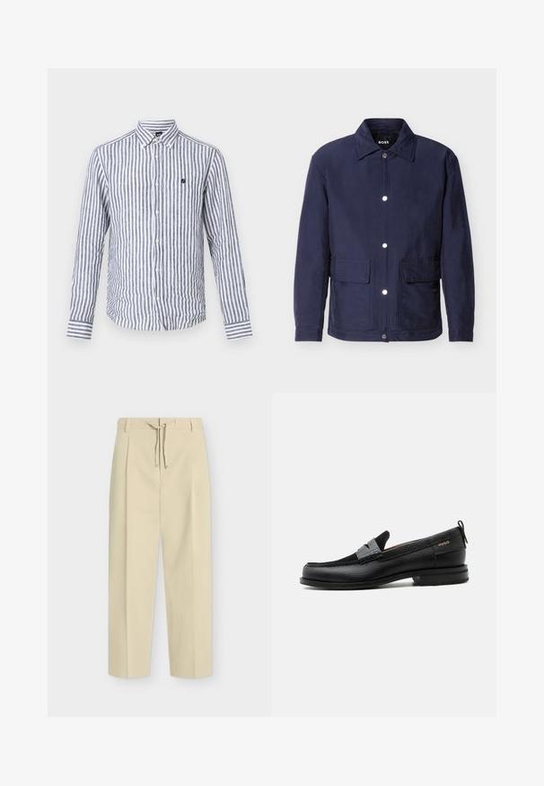 Veste pour homme bleu marine avec fermeture à boutons, deux grandes poches avant, et un col pointu, présentée sur un fond blanc.; Chemise homme à manches longues avec rayures verticales bleu marine et blanches, col boutonné et petit logo brodé sur la poitrine.; Pantalon beige droit avec passants pour ceinture et nouage à l'avant, présentant un design épuré et ajusté ainsi qu'un tissu texturé.; Mocassin en cuir noir avec détail de bride grise, talon bas et semelle texturée, marqué "HUGO" en or sur le côté.