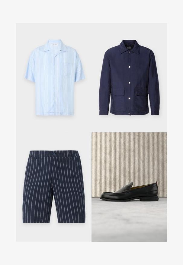 Veste pour homme bleu marine avec fermeture à boutons, deux grandes poches avant, et un col pointu, présentée sur un fond blanc.; Chemise bleu clair à manches courtes avec des rayures verticales blanches et une poche poitrine gauche, présentée sur un fond uni.; Short bleu marine à rayures verticales blanches, fermeture par bouton, passants pour ceinture et poches latérales sur fond clair uni.; Mocassin pour homme en cuir noir avec un dessus embossé effet croco et un petit talon, présenté de profil sur un fond neutre.