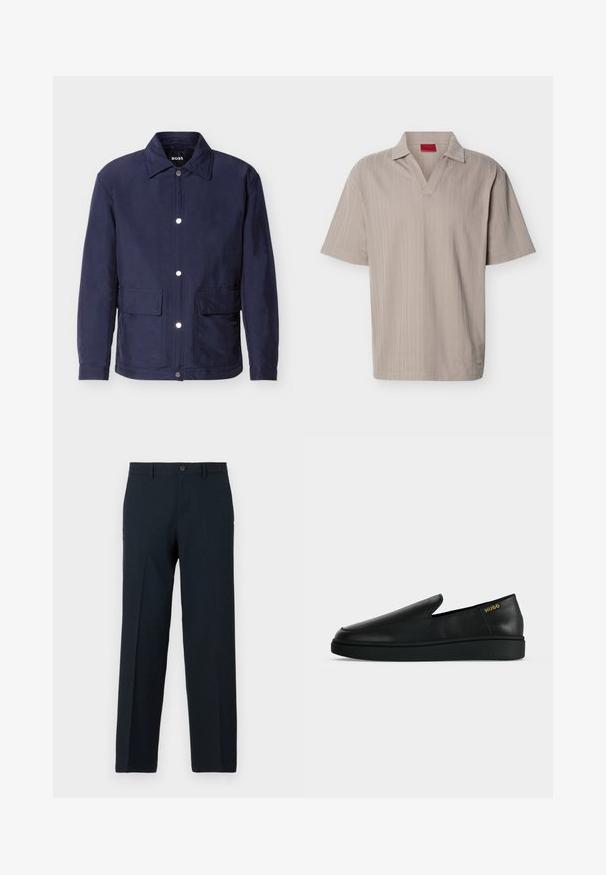 Heren jack in marineblauw met knoopsluiting, twee grote voorzakken en een puntige kraag, getoond tegen een witte achtergrond.; Beige gebreid poloshirt met korte mouwen, voorzien van een geribbelde verticale streepstructuur en een open V-hals kraag.; Zwarte slim-fit broek met knoop- en ritssluiting, ceintuurlussen en rechte pijp.; Enkele zwarte leren instapschoen met dikke zool en goudkleurige "HUGO"-branding nabij de hiel op een effen lichtgrijze achtergrond.