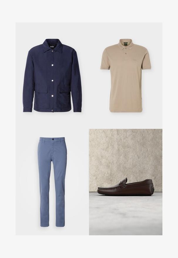 Herrejakke i marineblå med knaplukning, to store forlommer og en spids krave, vist mod hvid baggrund.; Beige polo-shirt med korte ærmer, to knapper og et lille præget logo på venstre bryst.; Blå lige benbukser med knap- og lynlåslukning, bæltestropper og forlommer, præsenteret på en hvid baggrund.; Brune lædersandaler med en glat overflade, mokkasin-lignende syninger, hævet tå og en lav, fleksibel gummisål.