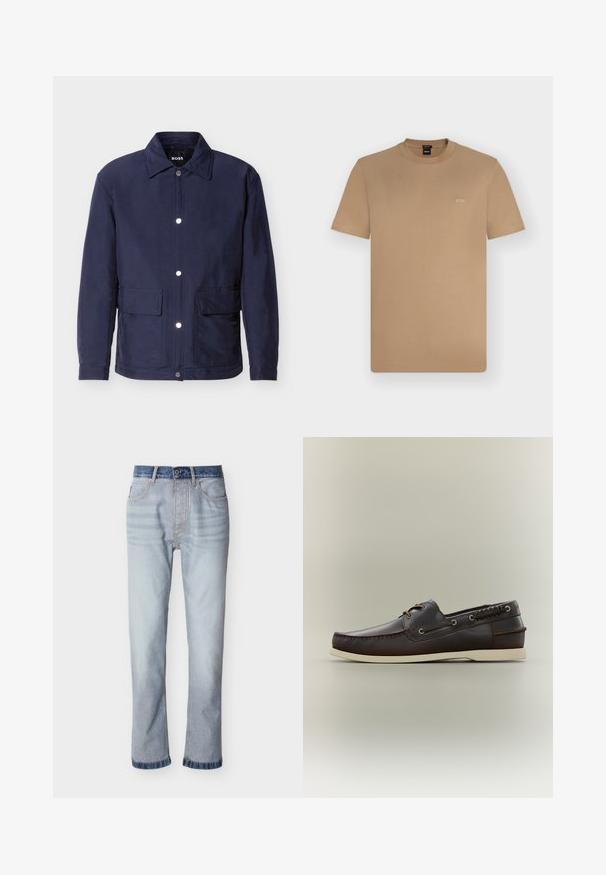Veste pour homme bleu marine avec fermeture à boutons, deux grandes poches avant, et un col pointu, présentée sur un fond blanc.; T-shirt marron clair à manches courtes et col rond avec petit logo blanc "BOSS" sur la poitrine gauche, présenté sur un fond uni clair.; Jean denim bleu clair avec une ceinture bleu foncé, coupe droite, cinq poches et détails de couture visibles.; Chaussure bateau en cuir marron foncé avec semelle blanche, couture moc toe, œillets pour lacets et laçage décoratif sur le côté, sur un fond neutre.