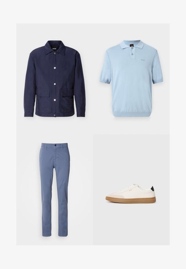 Heren jack in marineblauw met knoopsluiting, twee grote voorzakken en een puntige kraag, getoond tegen een witte achtergrond.; Lichtblauw poloshirt met korte mouwen, twee knopen en een klein "BOSS"-logo op de linkerborst.; Blauwe rechte broek met knoop- en ritsluiting, riemlussen en voorzakken, weergegeven op een witte achtergrond.; Witte sneakers met beige accenten, bovenwerk van glad leer, ronde neus en rubberen gumzool, met een zwarte hieltab en subtiele branding.