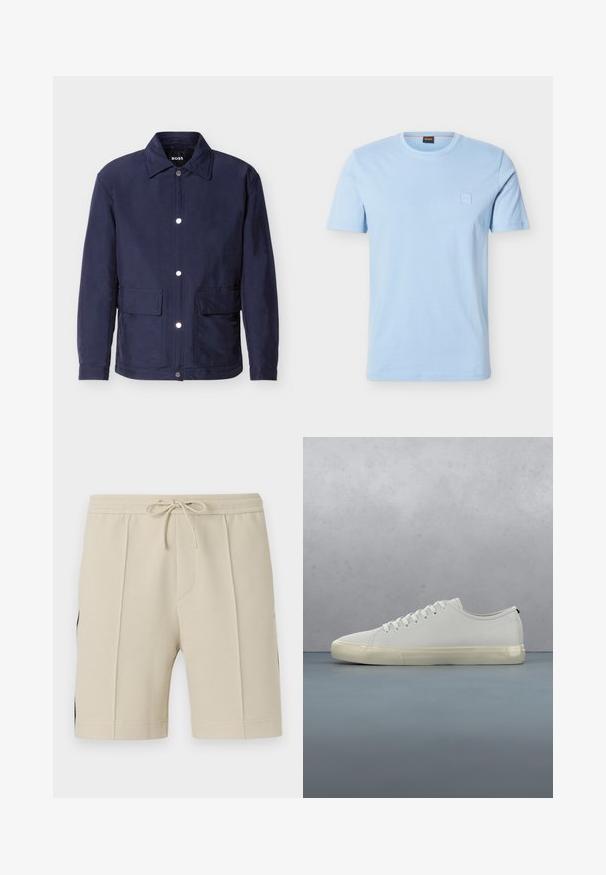 Veste pour homme bleu marine avec fermeture à boutons, deux grandes poches avant, et un col pointu, présentée sur un fond blanc.; T-shirt bleu clair à manches courtes avec un col rond, orné d’un petit logo carré embossé sur la poitrine gauche et d’une étiquette de cou de marque.; Shorts texturés beiges avec plis avant, taille élastique et lien à nouer, présentés sur un fond uni.; Baskets en cuir blanc avec lacets flottant au-dessus de carreaux en bois carrés et de petits cailloux, avec un arbre et un fond gris.