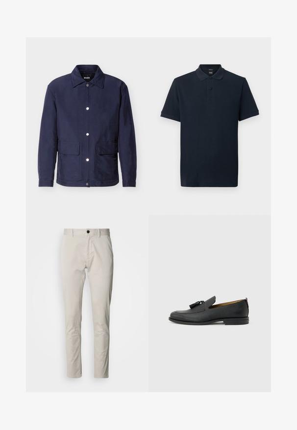 Veste pour homme bleu marine avec fermeture à boutons, deux grandes poches avant, et un col pointu, présentée sur un fond blanc.; Polo à manches courtes bleu marine avec col, deux boutons noirs, et logo brodé discret sur la poitrine.; Pantalon beige, coupe slim, fabriqué en tissu de coton ; doté d'une poche avant, d'une fermeture par bouton et de détails plats sur la ceinture.; Mocassin pour homme en cuir noir avec pompons, bout arrondi, petit talon et languette à l'arrière, présenté de profil sur un fond gris clair.