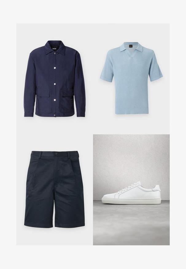 Veste pour homme bleu marine avec fermeture à boutons, deux grandes poches avant, et un col pointu, présentée sur un fond blanc.; Polo tricoté bleu clair à manches courtes avec une texture côtelée, col en V ouvert et étiquette de la marque BOSS à l'intérieur du col.; Shorts bleu marine ajustés avec bouton sur le devant, passants pour ceinture et poches latérales, présentés sur un fond uni clair.; Sneaker blanche avec une tige en cuir lisse et un profil bas. Présente un bout arrondi, six œillets et une semelle en caoutchouc texturé.
