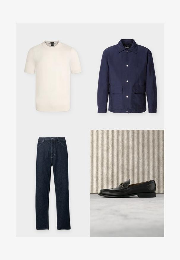Veste pour homme bleu marine avec fermeture à boutons, deux grandes poches avant, et un col pointu, présentée sur un fond blanc.; Pull en maille crème à manches courtes avec col rond et poignets et ourlet côtelés sur un fond uni.; Jean en denim foncé avec une coupe droite, cinq poches, des accents de couture bleue et une fermeture à boutons. Propre, sans motifs visibles.; Mocassin en cuir noir avec mors en métal doré et logo "HUGO", présenté sur un tapis beige et un meuble translucide marron.