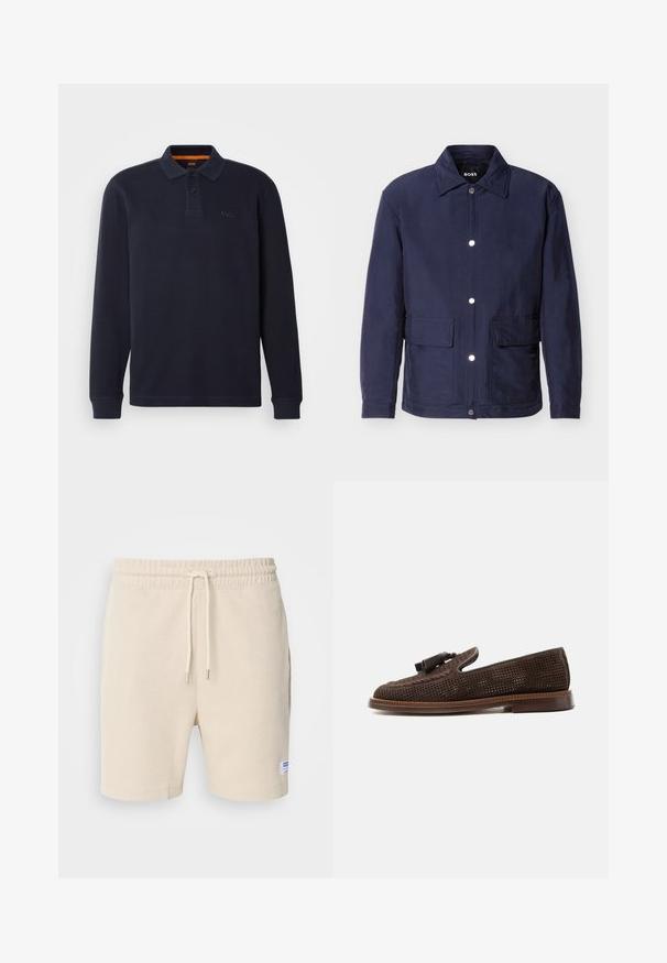 Veste pour homme bleu marine avec fermeture à boutons, deux grandes poches avant, et un col pointu, présentée sur un fond blanc.; Polo shirt à manches longues bleu marine en tissu texturé avec une ouverture pour le col boutonnée. Présente un petit logo brodé sur la poitrine.; Shorts de couleur crème en tissu texturé. Dotés d'une taille élastique avec cordon de serrage et de poches latérales. Petite étiquette sur l'ourlet.; Mocassin en cuir brun foncé perforé avec détails tressés et pompons, talon bas et semelle lisse, présenté en profil latéral.