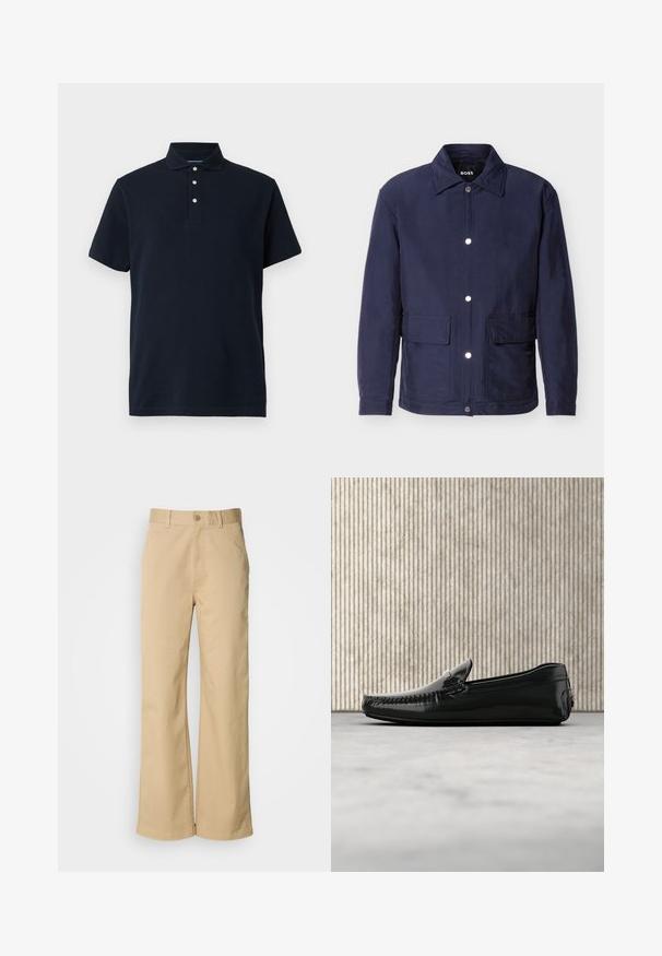 Heren jack in marineblauw met knoopsluiting, twee grote voorzakken en een puntige kraag, getoond tegen een witte achtergrond.; Marineblauwe polo met korte mouwen en een kraag, voorzien van drie witte knopen op de sluiting, weergegeven tegen een effen achtergrond.; Beige, wijde broek gemaakt van een katoenmix. Voorzien van een knoopsluiting en riemlussen. Soepele textuur, met minimale stikseldetails.; Zwarte leren loafers met een glanzende afwerking, ronde neus en decoratieve hardware aan de voorkant. Laag profiel rubberen zool. Gladde textuur.