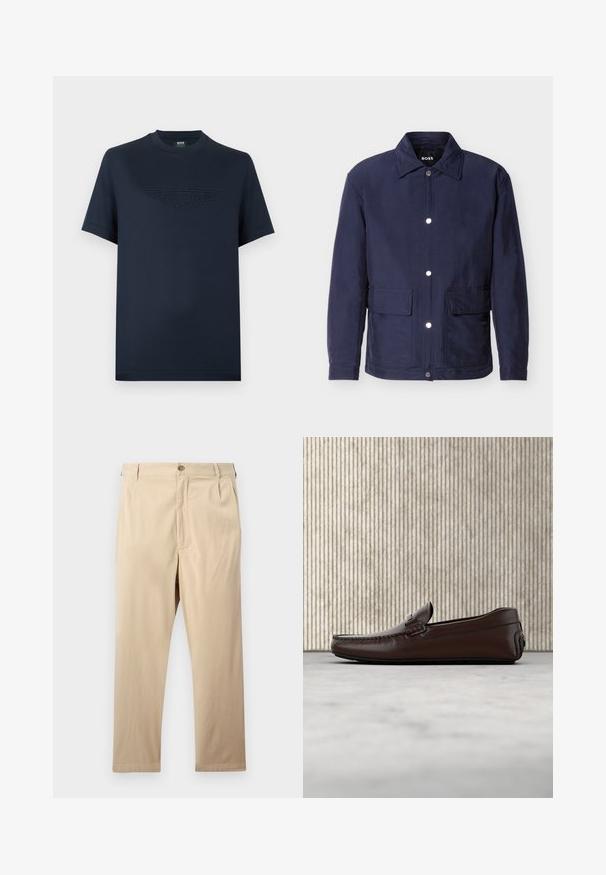 Veste pour homme bleu marine avec fermeture à boutons, deux grandes poches avant, et un col pointu, présentée sur un fond blanc.; T-shirt en coton bleu marine à manches courtes, avec un logo ailé Aston Martin texturé sur le devant. Col rond classique, coupe décontractée.; Pantalon beige à jambes droites avec fermeture par bouton et zip, passants pour ceinture et poches latérales, posé à plat sur un fond clair.; Mocassins en cuir marron avec une finition lisse, des coutures de style mocassin, un bout rehaussé et une semelle en caoutchouc basse et flexible.