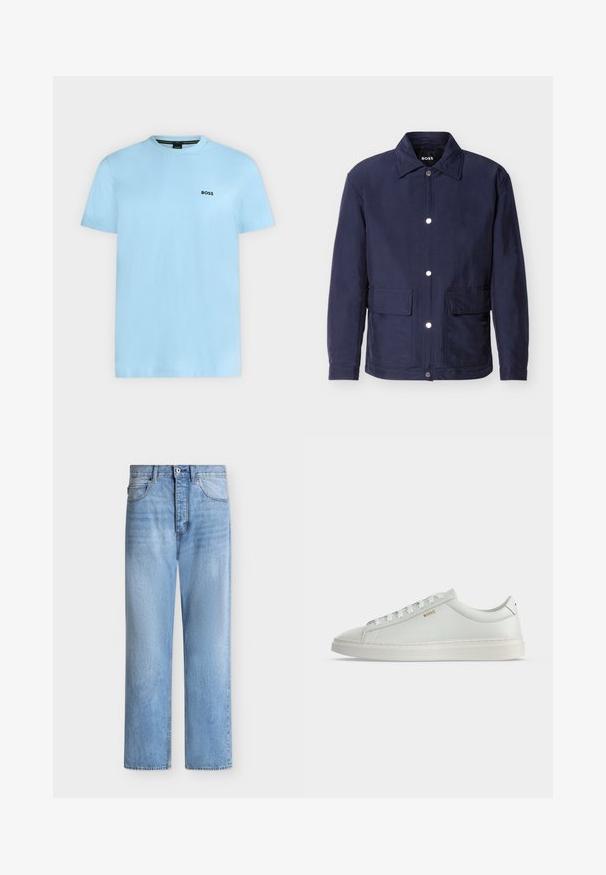 Veste pour homme bleu marine avec fermeture à boutons, deux grandes poches avant, et un col pointu, présentée sur un fond blanc.; T-shirt bleu clair à manches courtes et col rond avec petit logo noir "BOSS" sur la poitrine gauche.; Jean droit en denim bleu clair avec fermeture par bouton et zip, poches avant et arrière, et passants de ceinture à la taille.; Baskets basses blanches en cuir avec lacets, semelle plate et petit logo doré "BOSS" sur le côté, vues de l'extérieur.