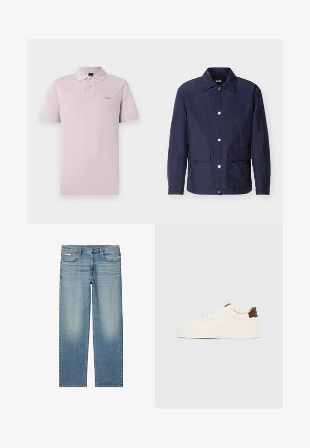 Veste pour homme bleu marine avec fermeture à boutons, deux grandes poches avant, et un col pointu, présentée sur un fond blanc.; Polo à manches courtes de couleur violet clair, fabriqué en tissu texturé. Il présente un col classique, une patte de boutonnage à deux boutons et un logo discret sur la poitrine.; Jean droit en denim bleu clair avec détails délavés, bouton et fermeture éclair devant, et design à cinq poches incluant une petite étiquette Calvin Klein sur la poche.; Baskets blanches basses avec lacets crème, une languette de talon marron et le logo "GANT" doré sur le côté, présentées de profil sur un fond uni.