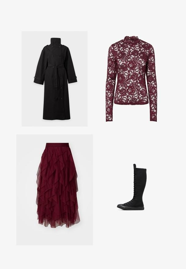 Lang sort trenchcoat med høj krave, dobbeltradede knapper, bælte i taljen og knapede stropper på manchetter og skuldre.; Bordeauxrød bluse med lange ærmer i blonder med blomsterprint og høj hals, semitransparent stof og tætsiddende silhuet.; Bordeaux tylskørt med flere lag af flæser, en bred talje og en flydende silhuet. Letvægts, tekstureret stof forbedrer bevægelsen.; Sorte høje canvasstøvler med rund tå, lynlås og snørebånd foran. Har en tekstureret overflade og gummisål.