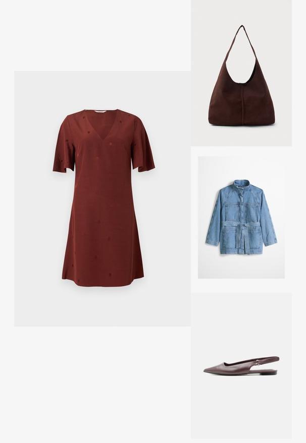 Veste en denim bleu clair avec col haut, manches longues, deux poches poitrine, deux poches basses, et une ceinture en tissu assorti nouée à la taille.; Robe courte marron avec col en V, manches courtes et texture subtile à pois, présentée sur un fond clair uni.; Chaussure plate burgundy à bout pointu avec bride arrière, petit talon et sangle ajustable sur fond blanc.; Sac hobo en daim marron avec une grande ouverture courbée et une large bandoulière. Présente une couture centrée à l'avant. Texture lisse.