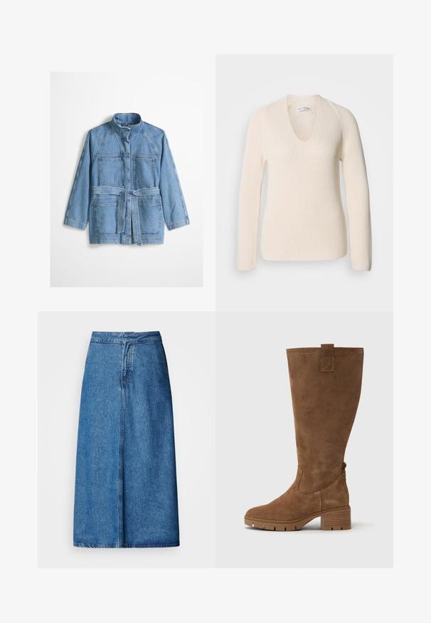 Veste en denim bleu clair avec col haut, manches longues, deux poches poitrine, deux poches basses, et une ceinture en tissu assorti nouée à la taille.; Pull en tricot couleur crème avec un col en V, des manches longues et une texture côtelée, offrant une coupe décontractée sans motif ni accents visibles.; Jupe midi en denim à coupe décontractée, avec une taille haute, un ourlet effiloché et une couleur bleu uni. Design simple sans ornements visibles.; Tamaris Bottes - brown
