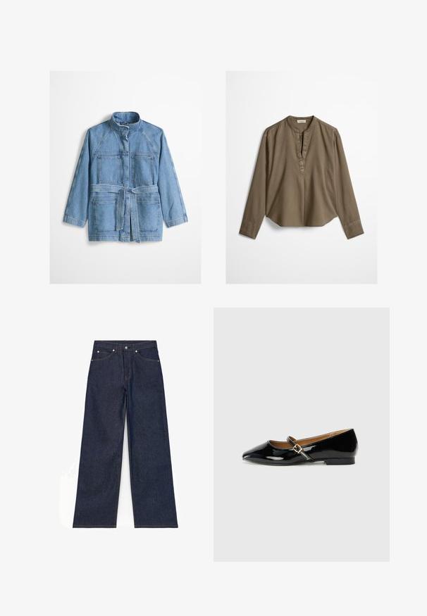 Lyseblå denimjakke med høj krave, lange ærmer, to brystlommer, to nederste lommer og et matchende stofbælte bundet i taljen.; Brun langærmet casual bluse med mandarin-krave, frontplisse og let buet kant, lagt fladt på en hvid baggrund.; Mørkeblå vidde-ben cowboybukser med knaplukning foran, lynlås og lommer foran og bagpå, vist fladt på en hvid baggrund.; Sorte patenterede lædersko med spids tå, ankelrem med en guldfarvet spænde og en lav blokhæle. Glat, skinnende overflade.