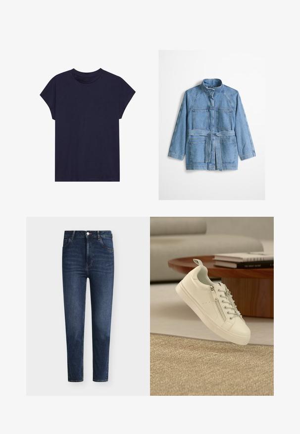 Hellblaue Jeansjacke mit hohem Kragen, langen Ärmeln, zwei Brusttaschen, zwei unteren Taschen und einem passenden Stoffgürtel, der in der Taille gebunden ist.; Dunkelblaue Baumwoll-T-Shirt mit rundem Ausschnitt und kurzen Ärmeln, das einen lockeren Schnitt und eine glatte Textur bietet. Keine Muster oder Akzente.; Dunkelblaue Jeans mit hoher Taille, vorn mit Knopf und Reißverschluss, zwei Vordertaschen und zulaufenden Beinen vor weißem Hintergrund.; Weißer Sneaker mit niedrigem Schaft, seitlichem Reißverschluss und Schnürsenkeln, neben einem braunen runden Holztisch mit gestapelten Büchern.