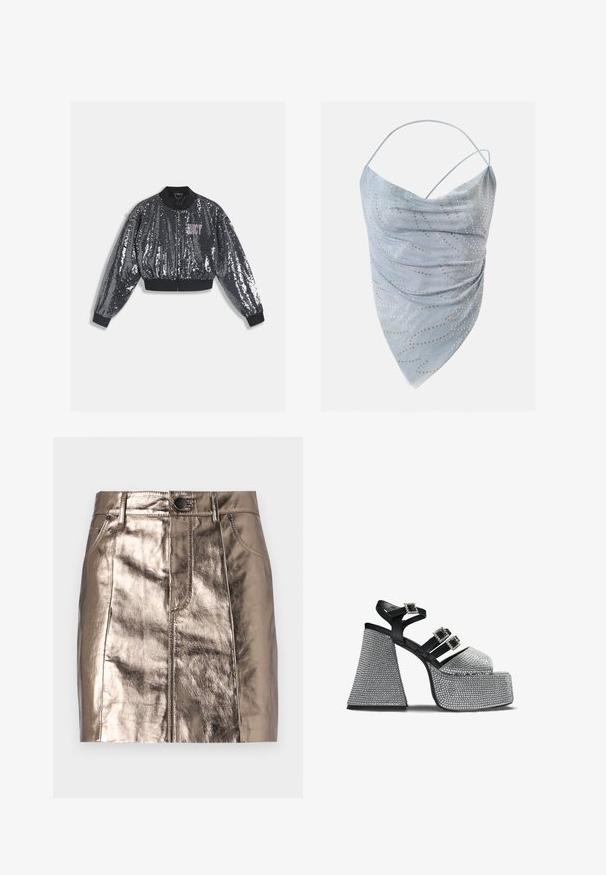 Čierna bomber bunda s flitrami, so zapínaním na zips, lemovanými manžetami a golierom. Na prednej strane ružové logo "JUICY". Lesklá textúra.; Svetlomodrý asymetrický halter top s tenkými ramienkami, zdobený malými zlatými a striebornými kruhovými cvokmi rozptýlenými v nepravidelnom vzore.; Metalická bronzová mini sukňa z denimu so štýlovým strihom, prednými vreckami a pásom so zapínaním na gombík. Hladká a lesklá textúra.; Čierne a strieborné platformové sandále s tromi remienkami so zirkónovými prackami a širokým, štruktúrovaným blokovým podpätkom.