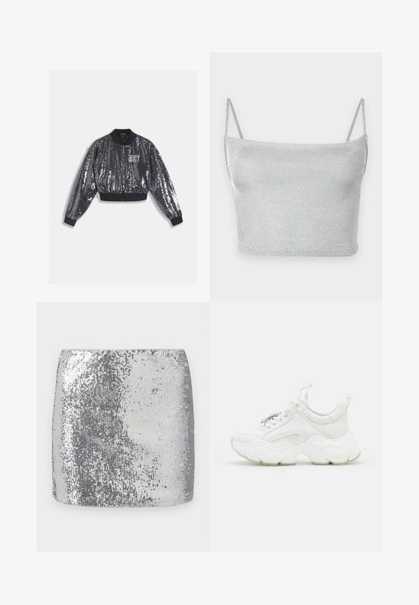 Veste bomber noire à sequins avec fermeture éclair, poignets et col côtelés. Présente un logo "JUICY" rose sur le devant. Texture scintillante.; Crop top court en maille métallique argentée avec fines bretelles ajustables. Coupe ajustée et texture lisse. Aucun motif ni détail métallique visible.; Mini jupe en sequins argentés avec un design ajusté et une texture lisse, réfléchissant la lumière à sa surface pour un aspect brillant.; Baskets blanches chunky en cuir et mesh, dotées d'une semelle épaisse, d'un bout arrondi et de lacets décoratifs. Accents légèrement texturés.