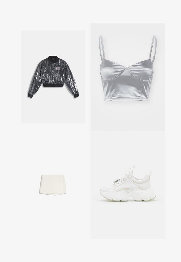 Veste bomber noire à sequins avec fermeture éclair, poignets et col côtelés. Présente un logo "JUICY" rose sur le devant. Texture scintillante.; Bralette en satin argenté avec des fines bretelles réglables, un décolleté en cœur et un design torsadé au centre. Texture lisse et brillante.; Mini-jupe en dentelle blanche avec motif floral subtil et ourlet en forme de festons, présentée sur un fond blanc.; Baskets blanches chunky en cuir et mesh, dotées d'une semelle épaisse, d'un bout arrondi et de lacets décoratifs. Accents légèrement texturés.