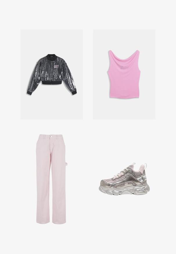 Veste bomber noire à sequins avec fermeture éclair, poignets et col côtelés. Présente un logo "JUICY" rose sur le devant. Texture scintillante.; Débardeur rose avec un col arrondi et une silhouette ajustée, avec le mot "Juicy" écrit en strass sur la poitrine. Texture de tissu doux.; Pantalons en coton rose pâle à coupe droite, dotés d'une fermeture à bouton et d'une poche cargo sur le côté. Texture lisse et détails de design minimalistes.; Baskets épaisses argentées métalliques et roses avec des panneaux pailletés, des lacets blancs, une semelle épaisse sculptée et une bride de talon marquée.