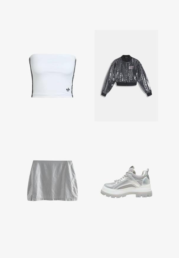 Zwarte bomberjack met pailletten, voorzien van een ritssluiting, geribbelde boorden en kraag. Heeft een roze "JUICY"-logo aan de voorkant. Glanzende textuur.; Witte strapless crop top van gladde stof, met zwarte zijkanten en een klein zwart logo aan de zoom. Eenvoudig ontwerp, zonder patronen.; Grijze mini-rok van lichtgewicht stof met een gladde textuur, met een eenvoudig ontwerp en rechte zoom. Geen zichtbare sluitingen of versieringen.; Sneaker met chunky zool in zilver met mesh panelen, gevoerde kraag, vetersluiting en een lus bij de hiel, gezien van opzij.