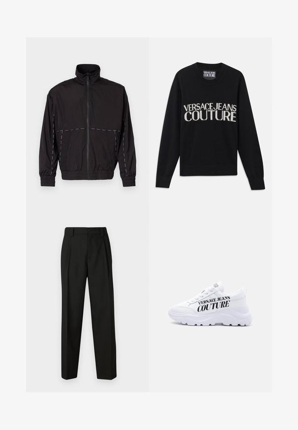 Veste légère noire avec un col haut et une fermeture éclair. Présente des accents de coutures blanches sur les épaules et les manches. Poignets élastiques.; Pull en tricot noir avec un col rond. Présente le logo "VERSACE JEANS COUTURE" en crème contrastante. Manches et ourlet côtelés. Texture douce.; Pantalon noir ajusté en tissu lisse. Présente une jambe droite, un fermeture à bouton unique et des passants de ceinture. Pas de motifs ni d'accents visibles.; Baskets blanches épaisses avec semelle épaisse, design à lacets, et "Versace Jeans Couture" imprimé en lettres noires audacieuses sur le côté.