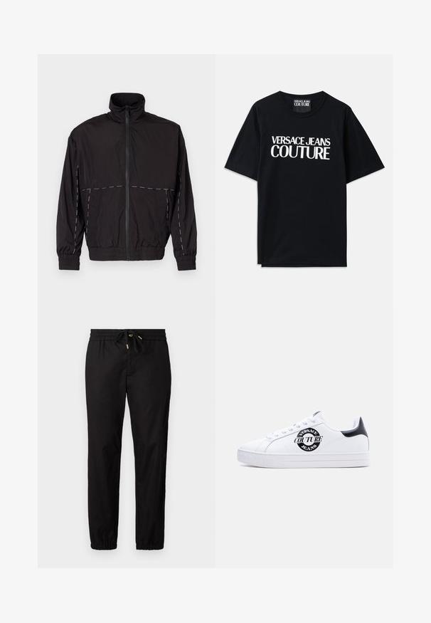 Schwarze leichte Jacke mit hohem Kragen und Reißverschluss. Mit weißen Nähakzenten an Schultern und Ärmeln. Elastische Bündchen.; Schwarzes Baumwoll-T-Shirt mit kurzen Ärmeln, das auf der Vorderseite den großen weißen Text "VERSACE JEANS COUTURE" trägt. Klassisches Rundhalsdesign.; Schwarze Hose mit einem elastischen Bund und Kordelzug. Hat schmal zulaufende Beine mit elastischen Bündchen. Glattes, leichtes Material.; Weißer Sneaker mit niedrigem Schaft, schwarzem Fersenriemen, schwarzem runden "Versace Jeans Couture"-Logo an der Seite, weißen Schnürsenkeln und erhabenem Text auf der Sohle.