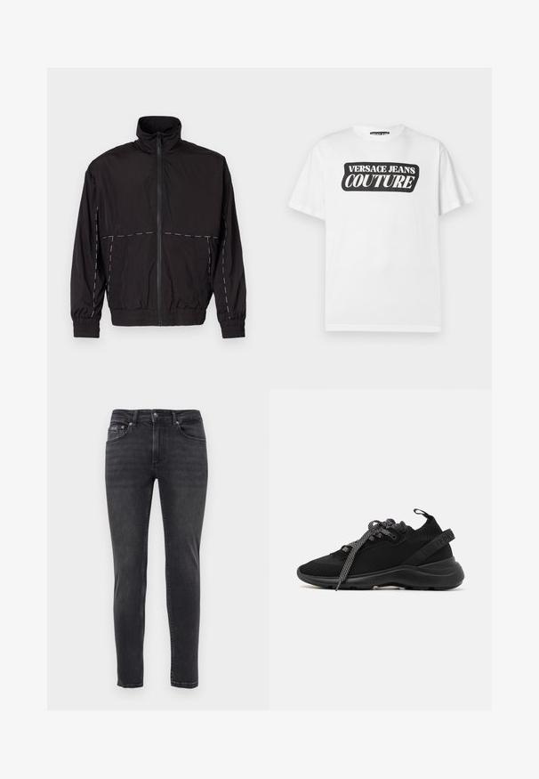 Zwarte lichtgewicht jas met hoge kraag en ritssluiting. Heeft witte stiksels op de schouders en mouwen. Elastische manchetten.; Witte T-shirt met korte mouwen en een zwart rechthoekig logo met de tekst "VERSACE JEANS COUTURE" in het midden van de borst.; Slim-fit zwarte denim jeans met vijf zakken en een knoop- en ritssluiting, tentoongesteld tegen een effen witte achtergrond.; DSQUARED2 ICON Sneakers laag - nero