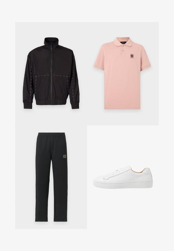 Zwarte lichtgewicht jas met hoge kraag en ritssluiting. Heeft witte stiksels op de schouders en mouwen. Elastische manchetten.; Lichtroze poloshirt met een kraag en drie knopen, voorzien van een klein zwart logoplaatje op de linkerborst. Zacht katoenen materiaal.; Zwarte sweatpants met rechte pijpen, voorzien van een elastische tailleband en een zwart patchlogo op de bovenste linker dij.; Witte leren sneaker met een gladde afwerking, ronde neus, platte vetersluiting en een dikke rubberen zool met een gestructureerd grippatroon.