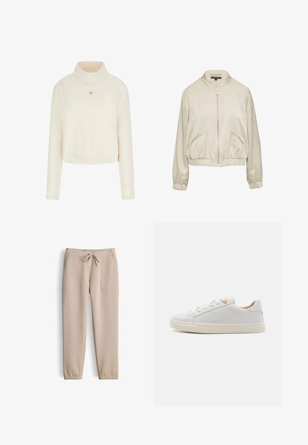 Beige bomberjack met een soepele, satijnen afwerking, ritssluiting aan de voorkant, ribgebreide manchetten en twee zijzakken. Heeft een opstaande kraag en een cropped ontwerp.; Guess Sweater - crema; Beige joggers gemaakt van zachte stof, met een elastische tailleband met trekkoord, zijzakken en taps toelopende boorden bij de enkels.; Witte leren sneaker met een gladde afwerking, ronde neus en minimalistisch ontwerp. Heeft beige accenten en een rubberen zool.