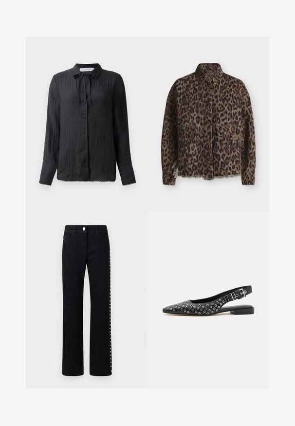 Jasje met luipaardprint, knoopsluiting aan de voorkant, twee klepzakken, lange mouwen, kraag en een rafelige zoom aan de onderkant.; Zwarte blouse met knoopsluiting en een strikdetail bij de hals, van gestructureerde stof, met lange mouwen en kantafwerking aan de onderkant. De knopen zijn zwart en glanzend.; Zwarte spijkerbroek met een recht model, voorzien van zilveren studs aan de buitenkant en een standaard tailleband met knoopsluiting.; Zwarte slingback ballerina's met een spitse neus, versierd met zilveren ronde oogjes, met een lage blokhak en een verstelbare gesp.