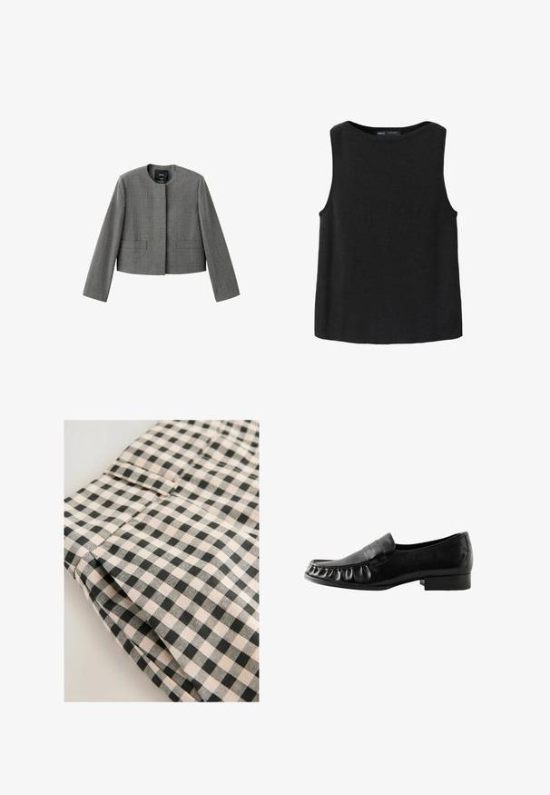 Blazer gris coupé court avec un motif à carreaux subtil, col rond, manches longues, sans boutons ni fermetures visibles.; Haut noir sans manches en maille avec encolure ronde, design simple et ourlet droit.; Tissu à carreaux noir et beige avec une texture lisse. Le détail montre une section pliée avec une poche et des finitions nettes.; Mocassins pour hommes en cuir noir avec un petit talon et un détail de bride sur le dessus.