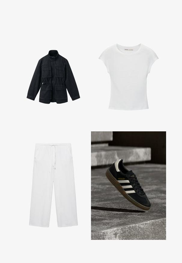 Veste en denim foncé avec un col montant, deux poches à rabat sur le devant, taille élastiquée et manches longues. Texture lisse.; T-shirt en coton blanc avec manches courtes retroussées, encolure ronde et ourlet droit. Texture lisse sans motifs ni accents visibles.; Pantalon blanc à jambes larges avec taille élastique et cordon de serrage, doté de poches latérales et d'une coupe décontractée.; Baskets Adidas noires avec des bandes blanches et une semelle en gomme flottant au-dessus d'escaliers en béton gris sous une lumière naturelle.