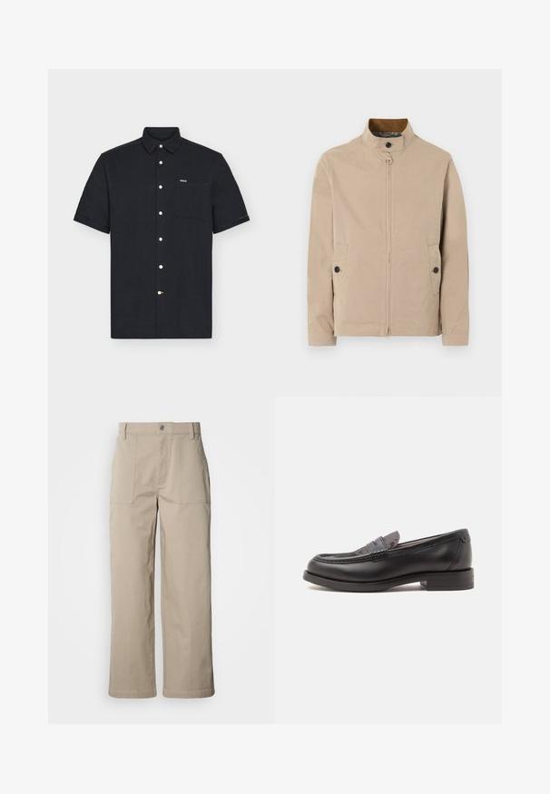 Veste beige pour homme avec col montant, fermeture éclair à l'avant, patte boutonnée au col, poches latérales à boutons, et manches longues.; Chemise noire à manches courtes avec boutons, avec une poche poitrine avant et une petite étiquette logo sur fond blanc uni.; Pantalon beige à jambes larges en coton ; doté de poches plaquées à l'avant, d'une fermeture à bouton et de coutures visibles le long des ourlets.; Mocassin noir en cuir avec un petit talon et une partie supérieure texturée, affiché de profil sur un fond clair uni.